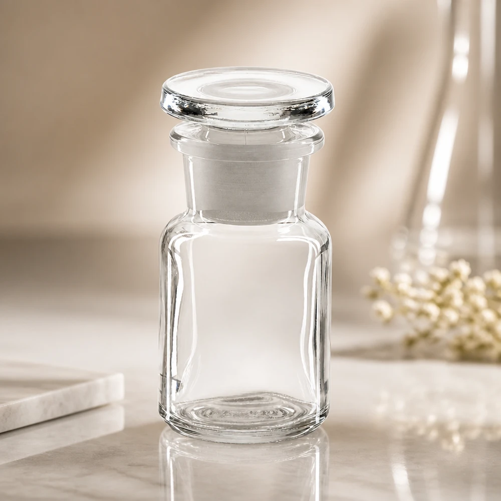 Rundschulterfl. 50ml klar Weithals Glasstopfen Klare Weithalsflasche 50ml mit Glasstopfen Rundschulter für professionellen Laboreinsatz