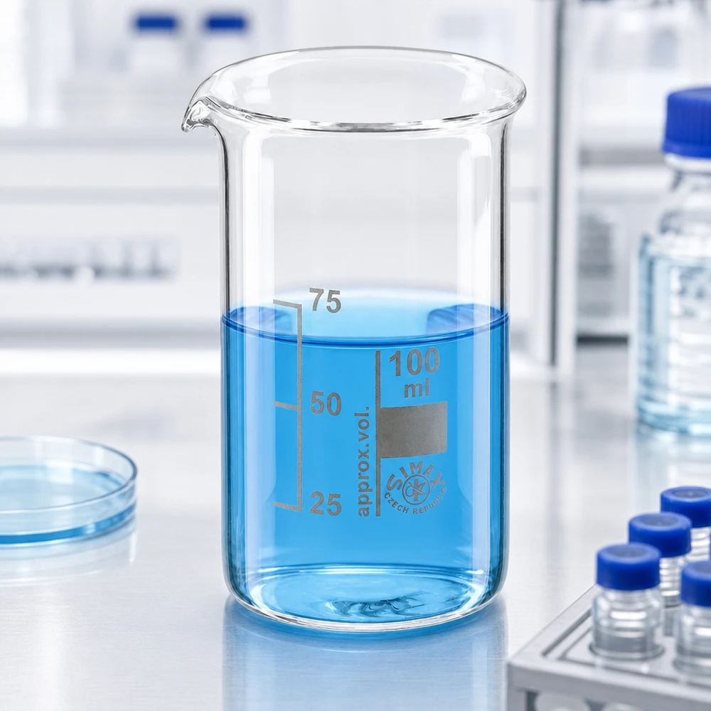 Becherglas 100ml Borosilikatglas, hohe Form Becherglas 100 ml hohe Form aus Borosilikatglas mit blauer Flüssigkeit für professionellen Laboreinsatz