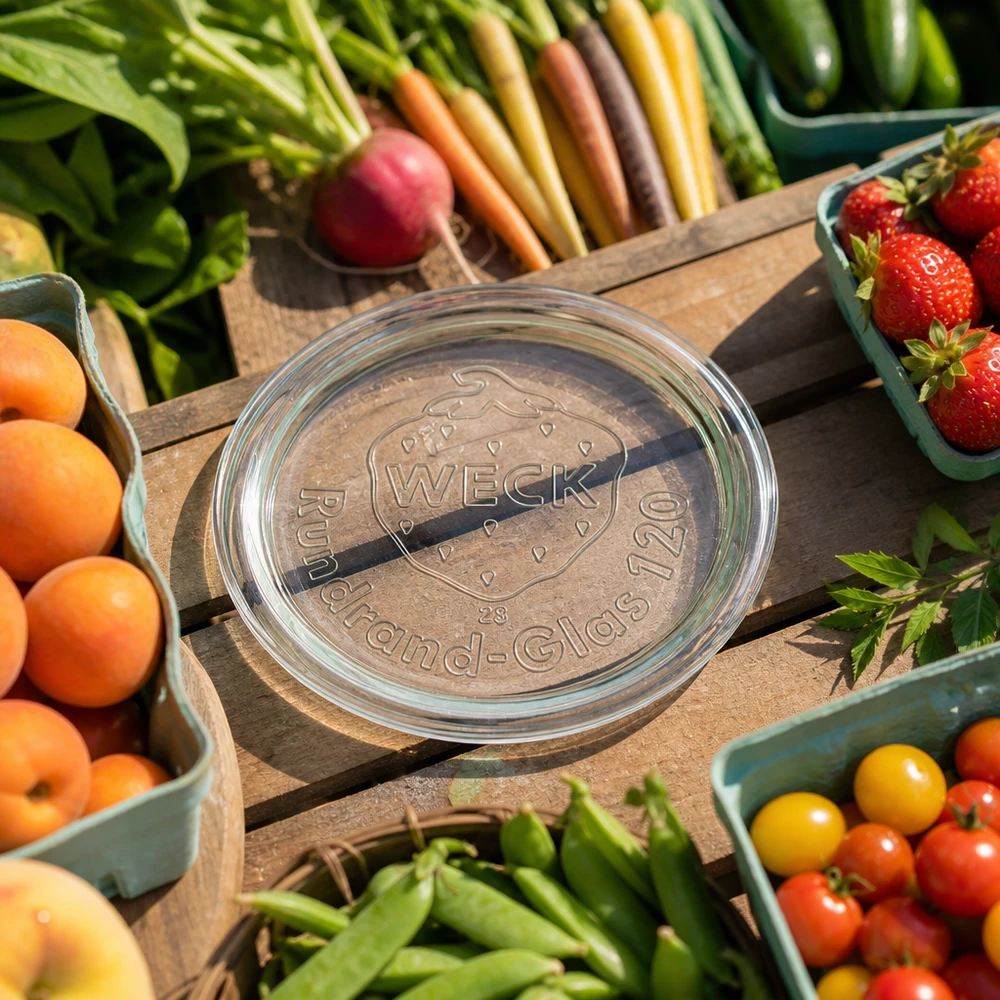 WECK Glasdeckel RR120 WECK Glasdeckel RR120 umgeben von frischem Obst und Gemüse auf Holztisch zeigt Anwendung beim Einkochen