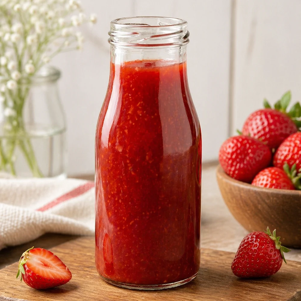 150ml Flasche ohne Deckel (TO43) UNiTWIST UNiTWIST Bottle150 Glasflasche 150ml TO43 mit Erdbeersaft gefüllt neben frischen Erdbeeren auf Holztisch