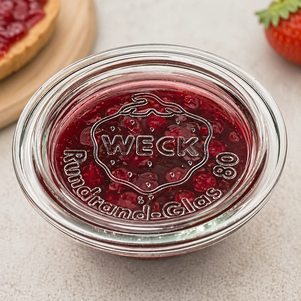WECK Glasdeckel RR80 mit eingelegter Marmelade zeigt praktische Anwendung als luftdichter Verschluss für Konserven