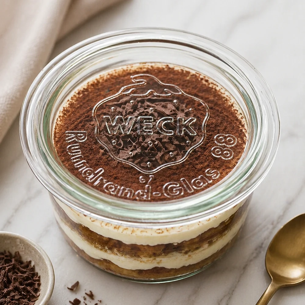 WECK Glasdeckel RR80 auf Tiramisu-Dessert im Weckglas mit geprägtem Logo und Kakao-Bestäubung als Küchenszene