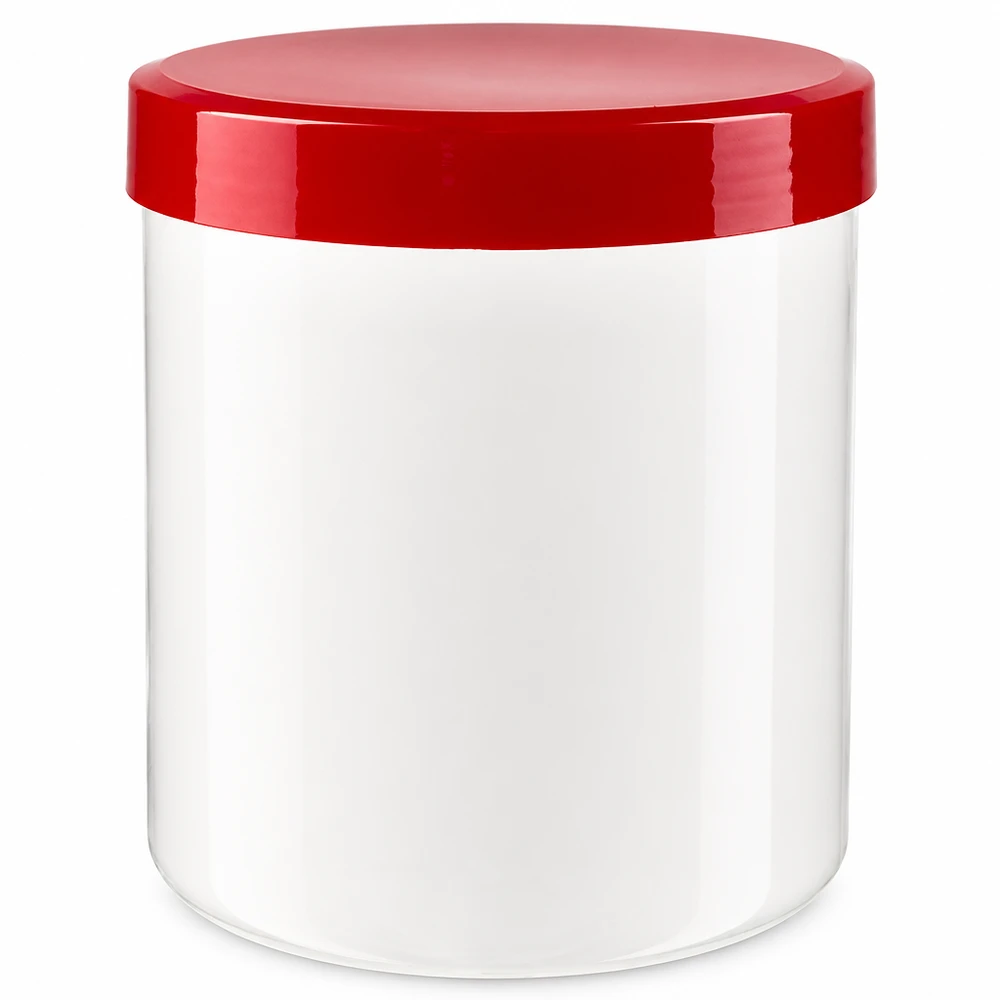 Salbenkruke 10g weiß mit rotem Schraubdeckel (Polypropylen) Salbenkruke 10g weiß PP-Kunststoff mit rotem Schraubdeckel für professionelle Abfüllung Pharmazie Kosmetik