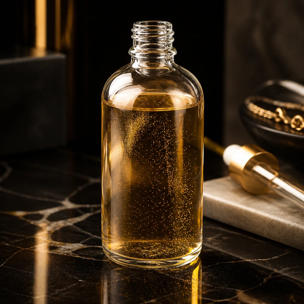 100ml Apothekerflasche ClearLine DIN18 aus Klarglas mit Goldserum und Tropfpipette auf Marmor