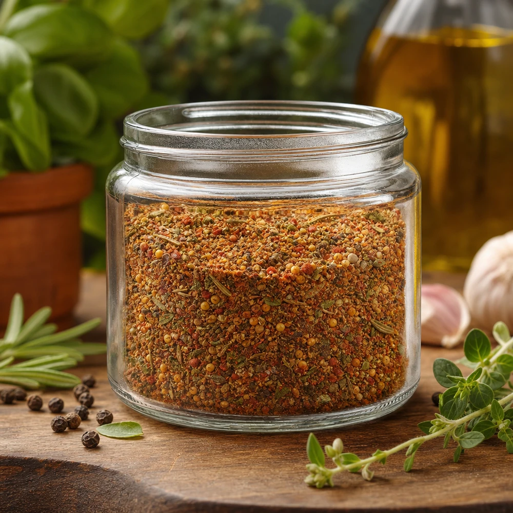 Salbenglas (Glastiegel) 250 ml klar, ohne Deckel Glastiegel 250ml klar mit Gewürzmischung gefüllt umgeben von frischen Kräutern Knoblauch und Olivenöl Küchendeko