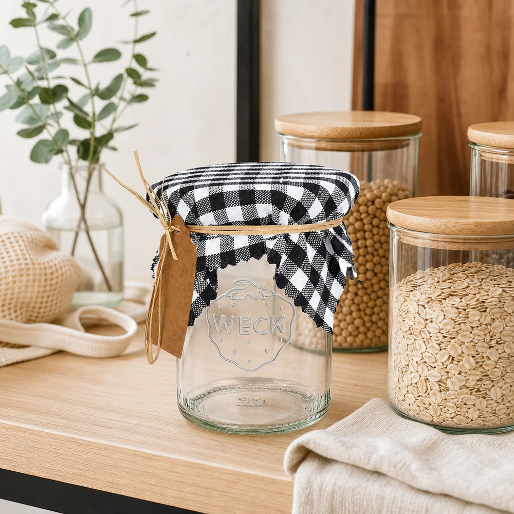Stoff Schmuckdeckchen schwarz-kariert 12cm eckig Weckglas mit schwarz-kariertem Stoffdeckchen und Bastschleife auf Holzregal neben Vorratsgläsern mit Getreide