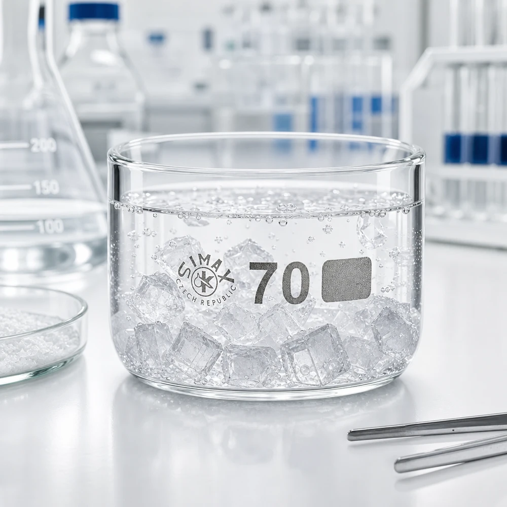 Simax Kristallisierschale 100ml Borosilikatglas ohne Ausguss Ø70mm mit Eiswürfeln im Labor