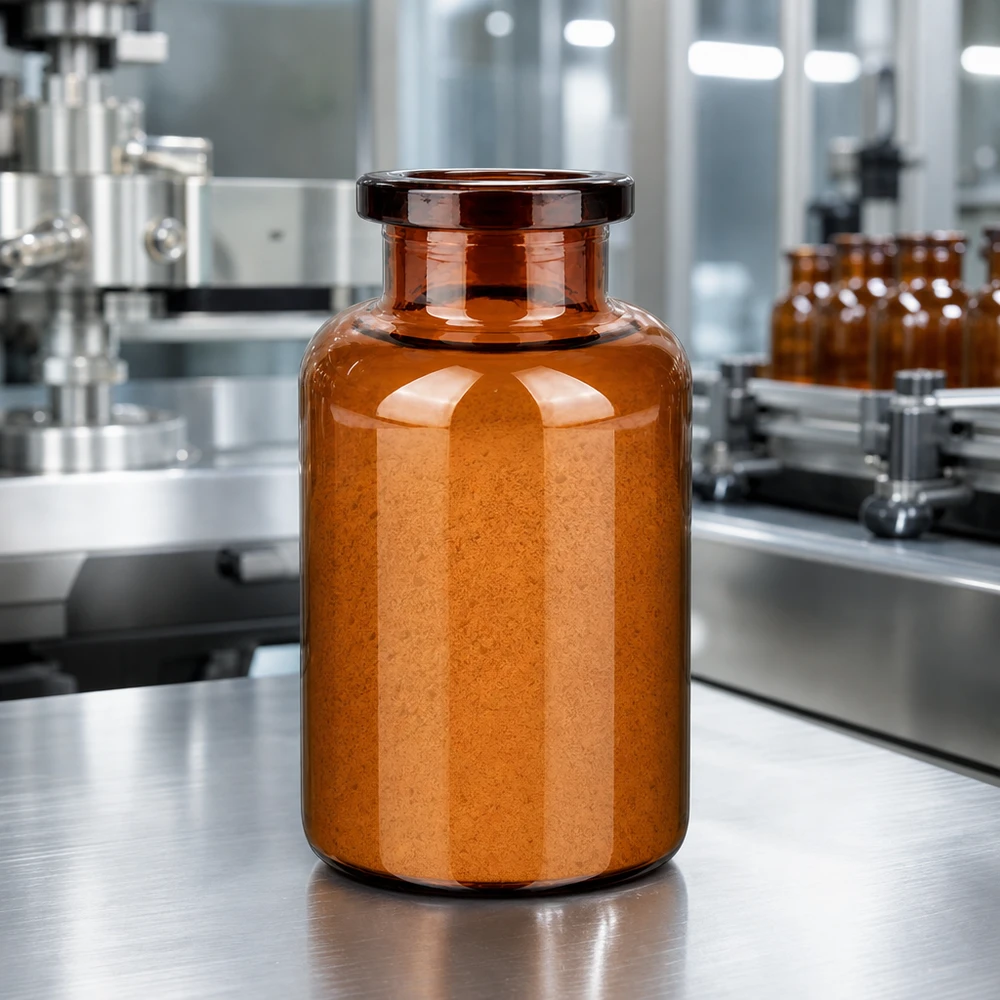 Injektionsflasche Braunglas 20ml Injektionsflasche Braunglas 20ml für pharmazeutischen Einsatz auf Edelstahloberfläche im Abfüllbetrieb