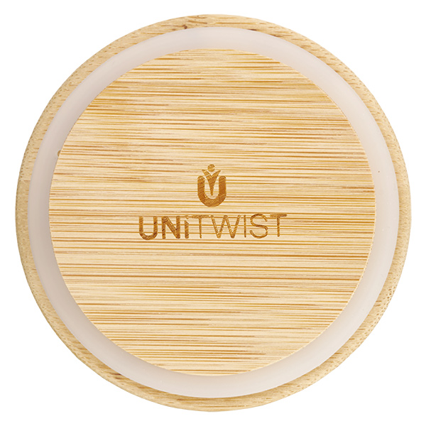 Bambusdeckel RR80 von oben mit UNITWIST Logo und sichtbarer Holzmaserung für WECK Einmachgläser 80mm Durchmesser