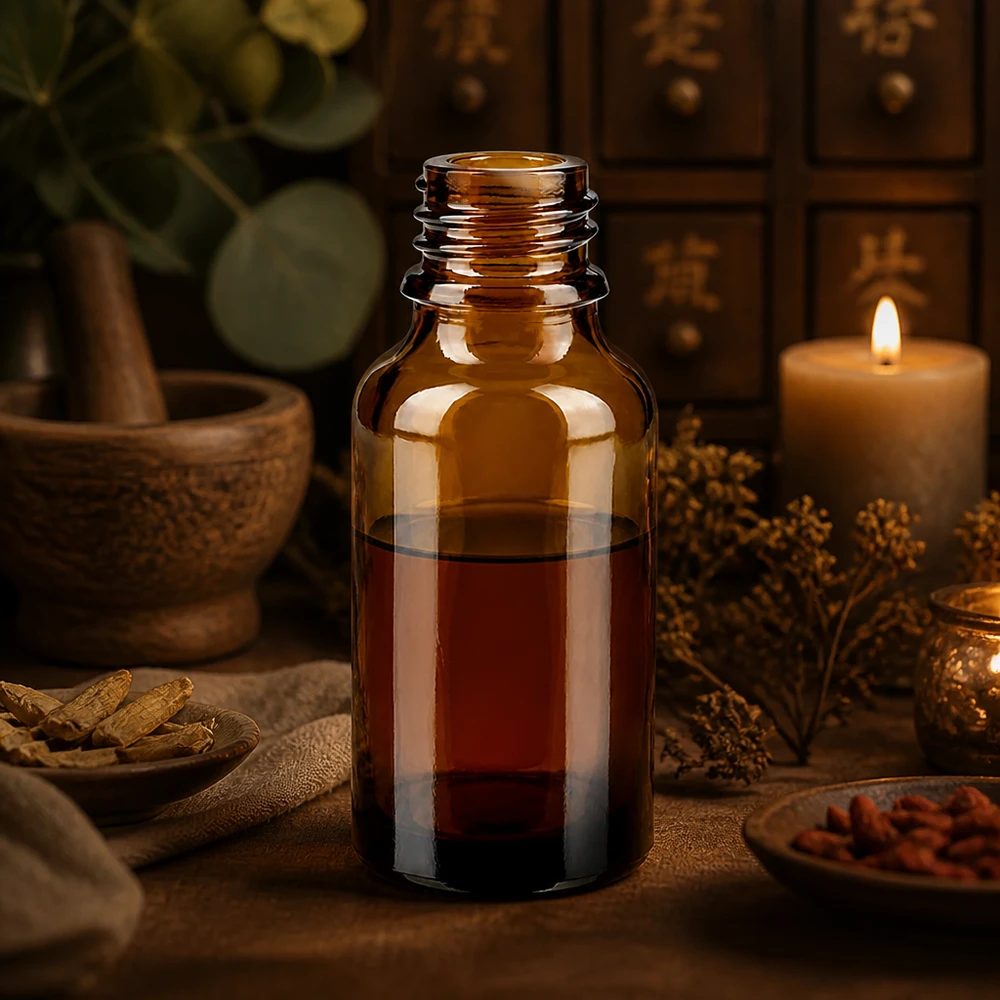 Tropfflasche 30 ml DIN 18 Braunglas NIEDRIGE FORM 30ml braune Apothekenflasche ApoGlas mit roter Tinktur in rustikaler Kräuterapotheke mit Mörser und Gewürzen