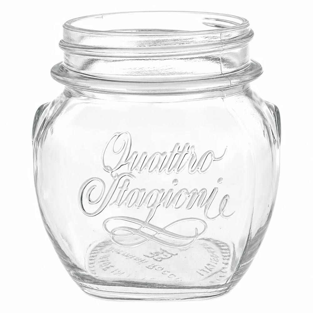 300ml Rundglas "Quattro Stagioni" QS70mm 300ml Quattro Stagioni Einmachglas aus klarem Glas mit geprägtem Logo und Schraubgewinde für Konservierung