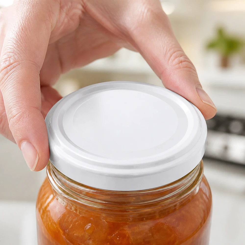 48mm BasicSeal TO48 Weißblechdeckel auf Marmeladenglas gewerblicher Einsatz Pacadura Großhandel
