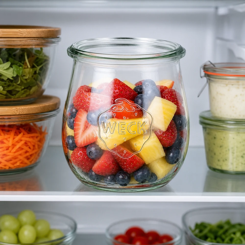 WECK Tulpenglas 220ml RR60 im Kühlschrank mit Obstsalat aus Erdbeeren Blaubeeren Ananas als Meal Prep Container