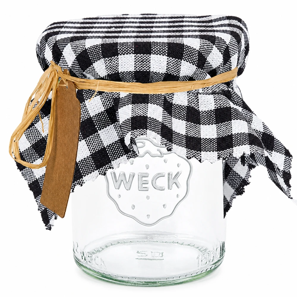 Stoff Schmuckdeckchen schwarz-kariert 15cm eckig Stoff Schmuckdeckchen schwarz-weiß kariert für Weckgläser mit Gummiband und Anhänger 15cm eckig Marmeladendeckel