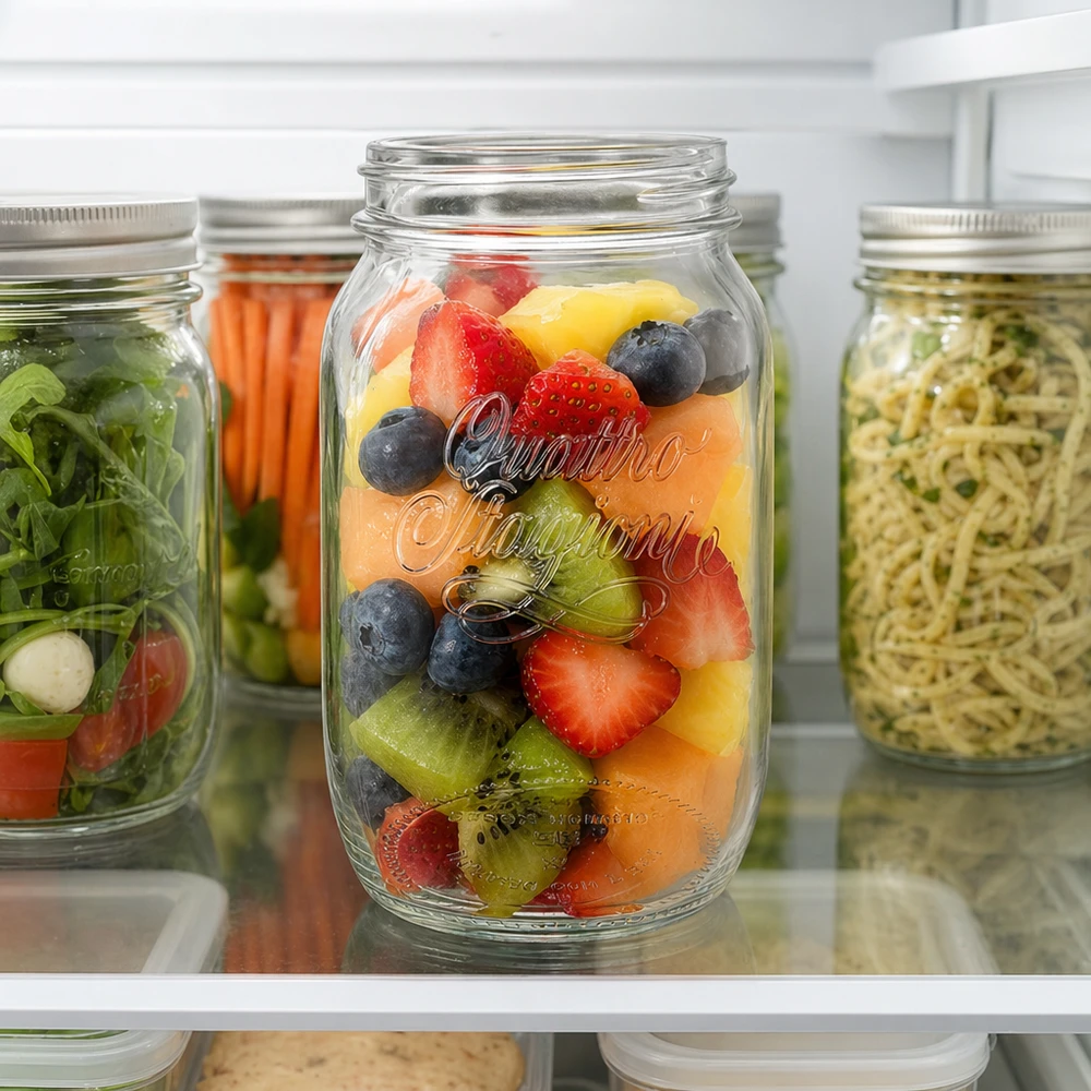 1000ml Quattro Stagioni Haushaltsglas mit Früchten gefüllt im Kühlschrank zur Aufbewahrung von Lebensmitteln