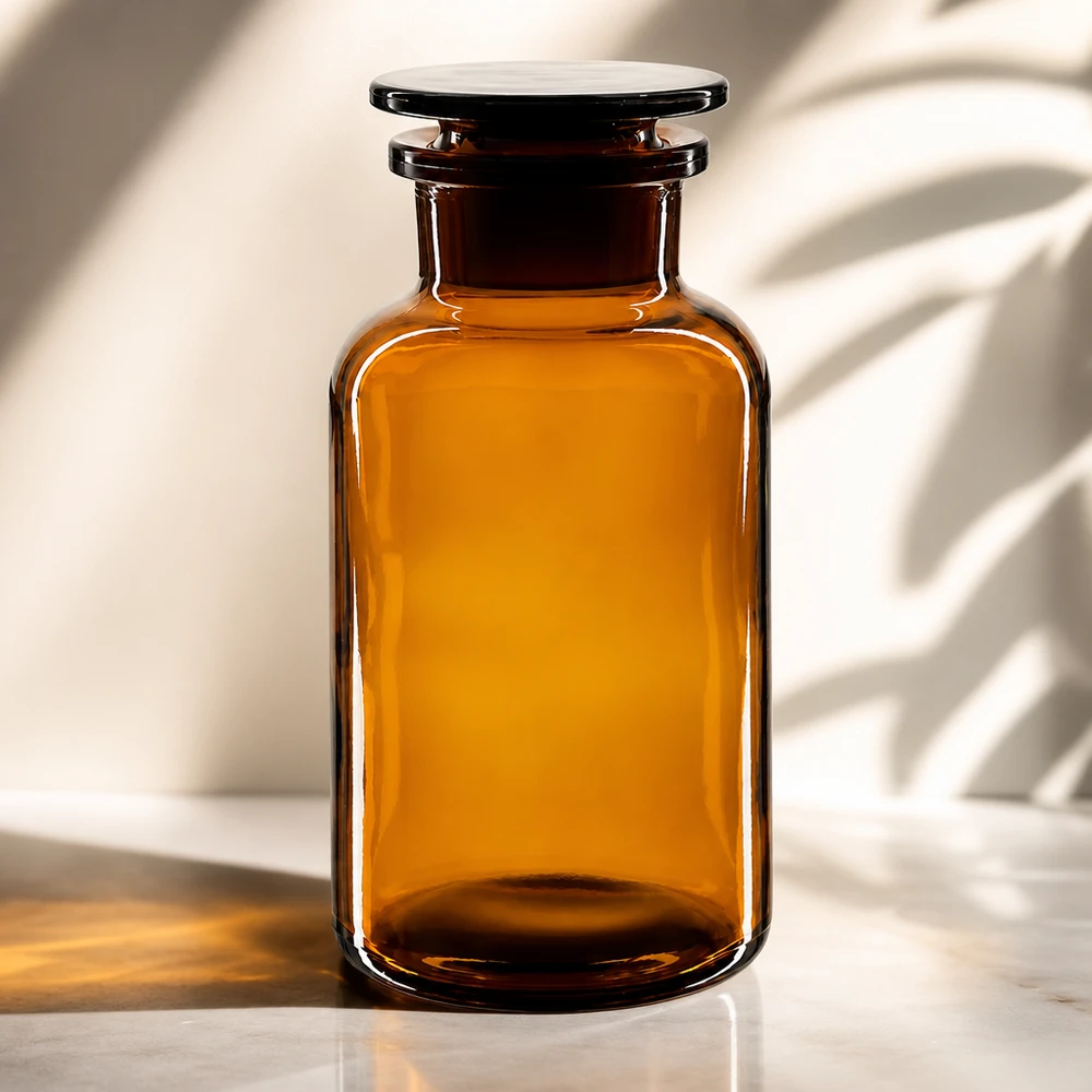 Rundschulterfl. 500ml braun Weithals Glasstopfen Braune Weithals-Rundschulterflasche 500ml aus Glas mit Glasstopfen für Labor und Gewerbe