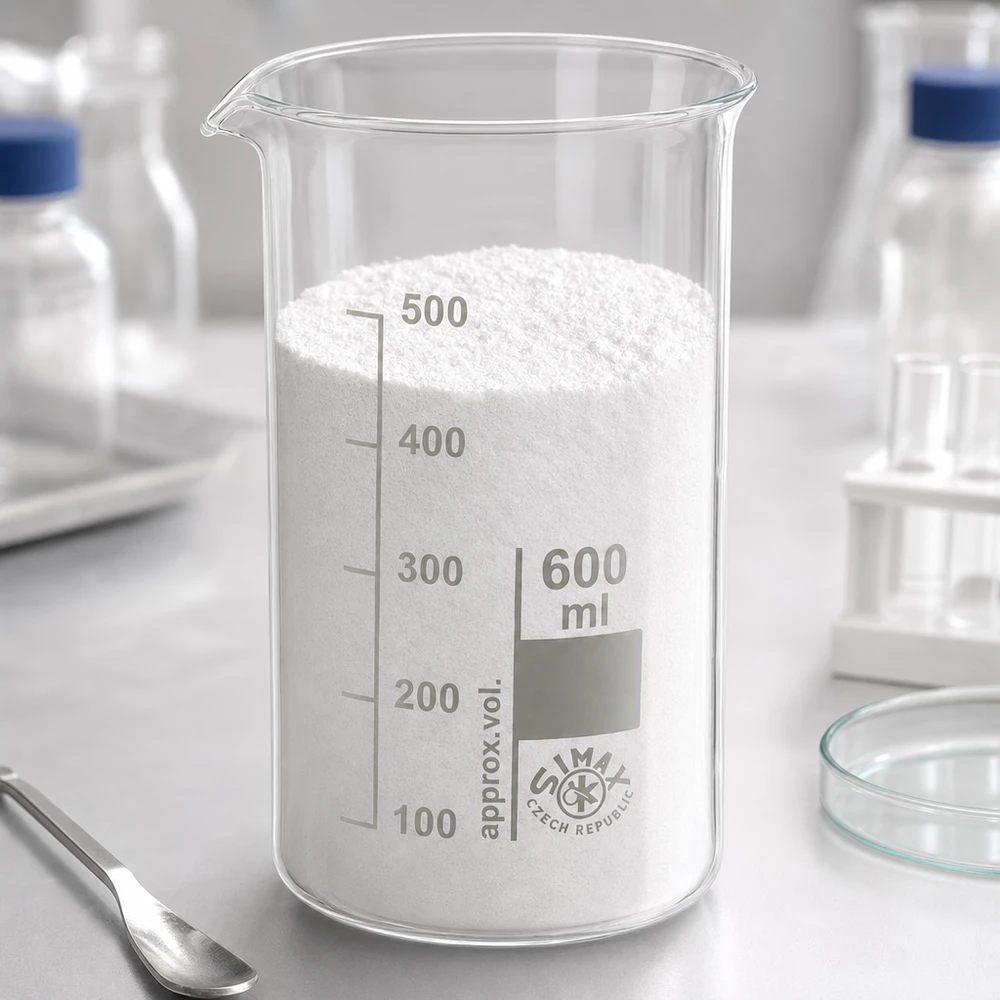 Becherglas 600ml Borosilikatglas, hohe Form Becherglas 600 ml hohe Form aus Borosilikatglas mit weißem Pulver im Labor von Simax Czech Republic