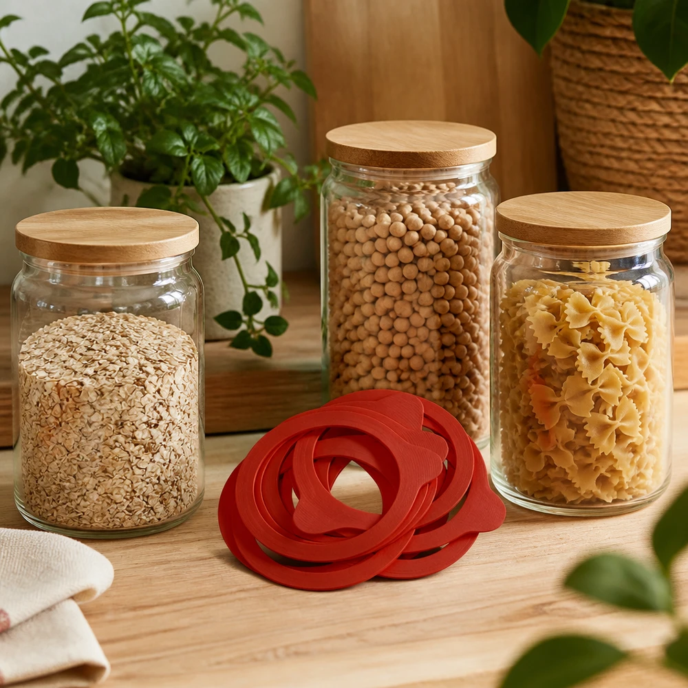 Rote Einkochringe RR100 Naturgummi vor Vorratsgläsern mit Pasta Hülsenfrüchten Haferflocken Küchendeko