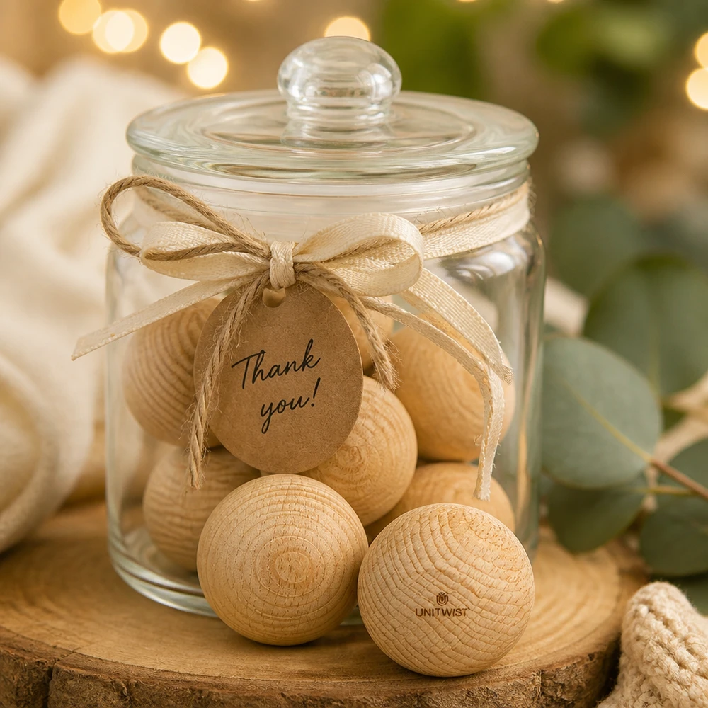 UNiTWIST Holzkugeln Buche WECK RR60 im Geschenkglas mit Dankeschön-Anhänger rustikale Dekoration Holzknöpfe