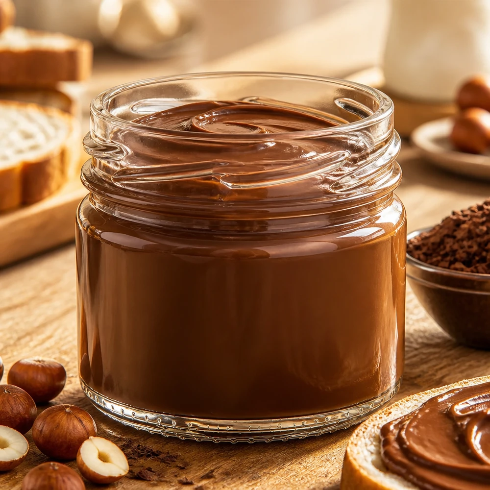 Rundglas Runda33 33ml TO43 mit Schraubverschluss gefüllt mit Nuss-Nougat-Creme für gewerbliche Abfüllung